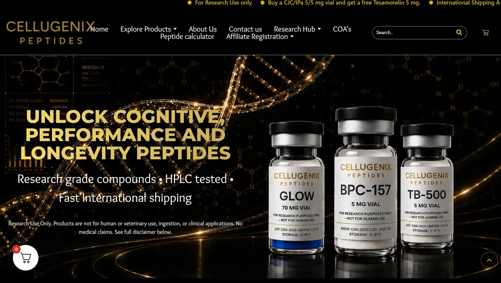 Cellugenix Peptides research website homepage