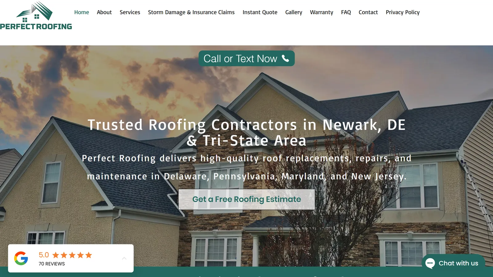 Perfect Roofing service website homepage